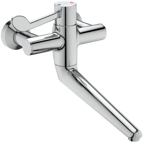 Wandthermostat in Chrom von Ideal Standard mit ergonomischem Bedienhebel und zwei Auslässen für Wasseranschlüsse, geeignet für moderne Badezimmer.